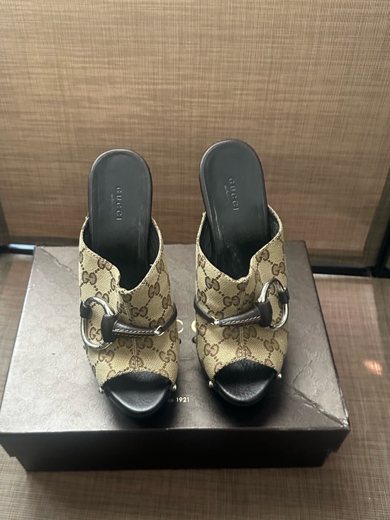 Gucci Shoes - Gucci Beige GG Canvas Horsebit Open-Toe Mules
